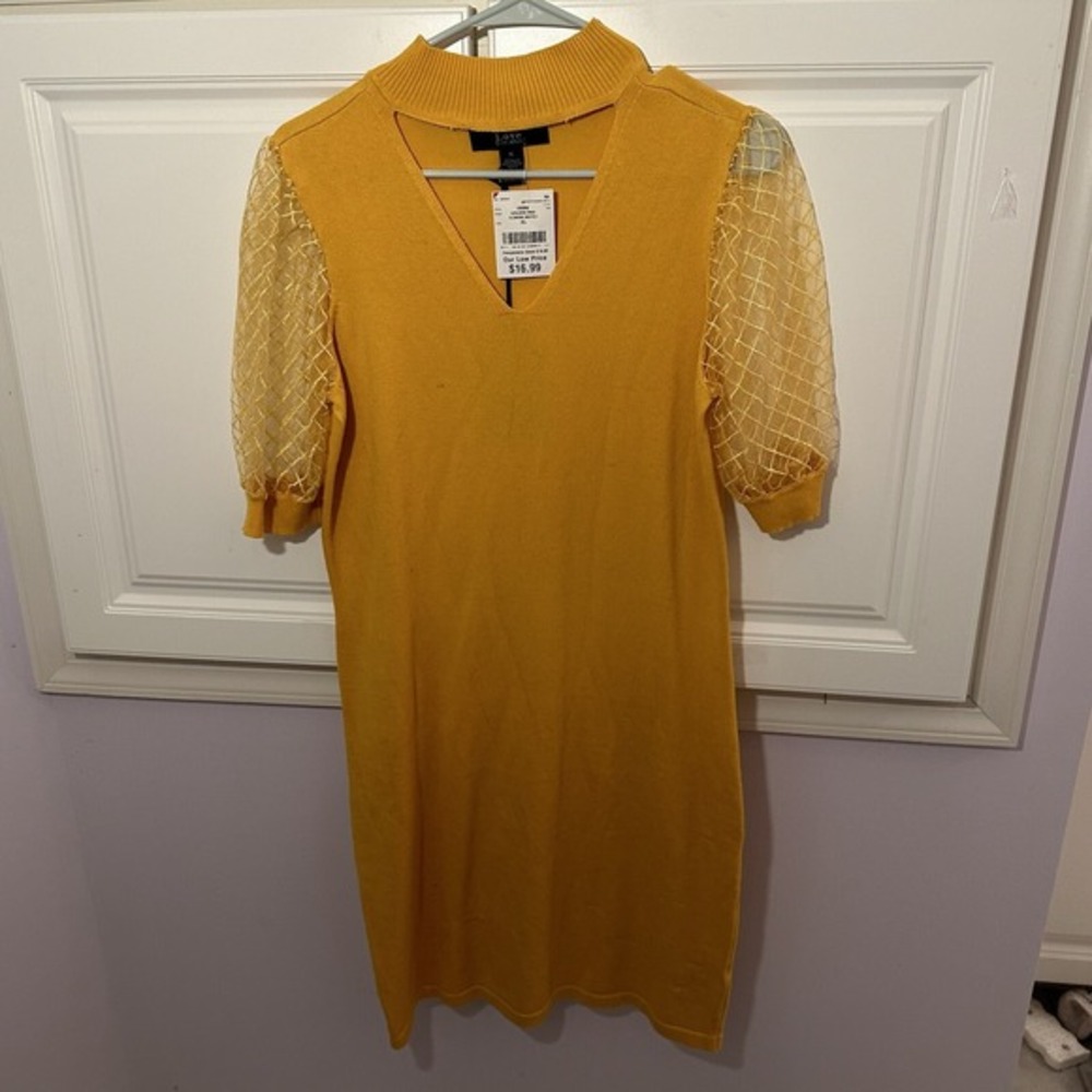 Love Ever After Emma Goldenrod Yellow Knit Dress Mesh Puff Sleeve‎ XL NWT
